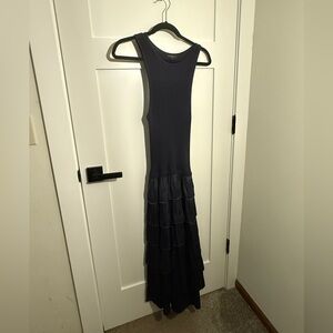 Anthropologie Current Air Black Ribbed Ruffle Tiered Midi Dress Medium Edgy